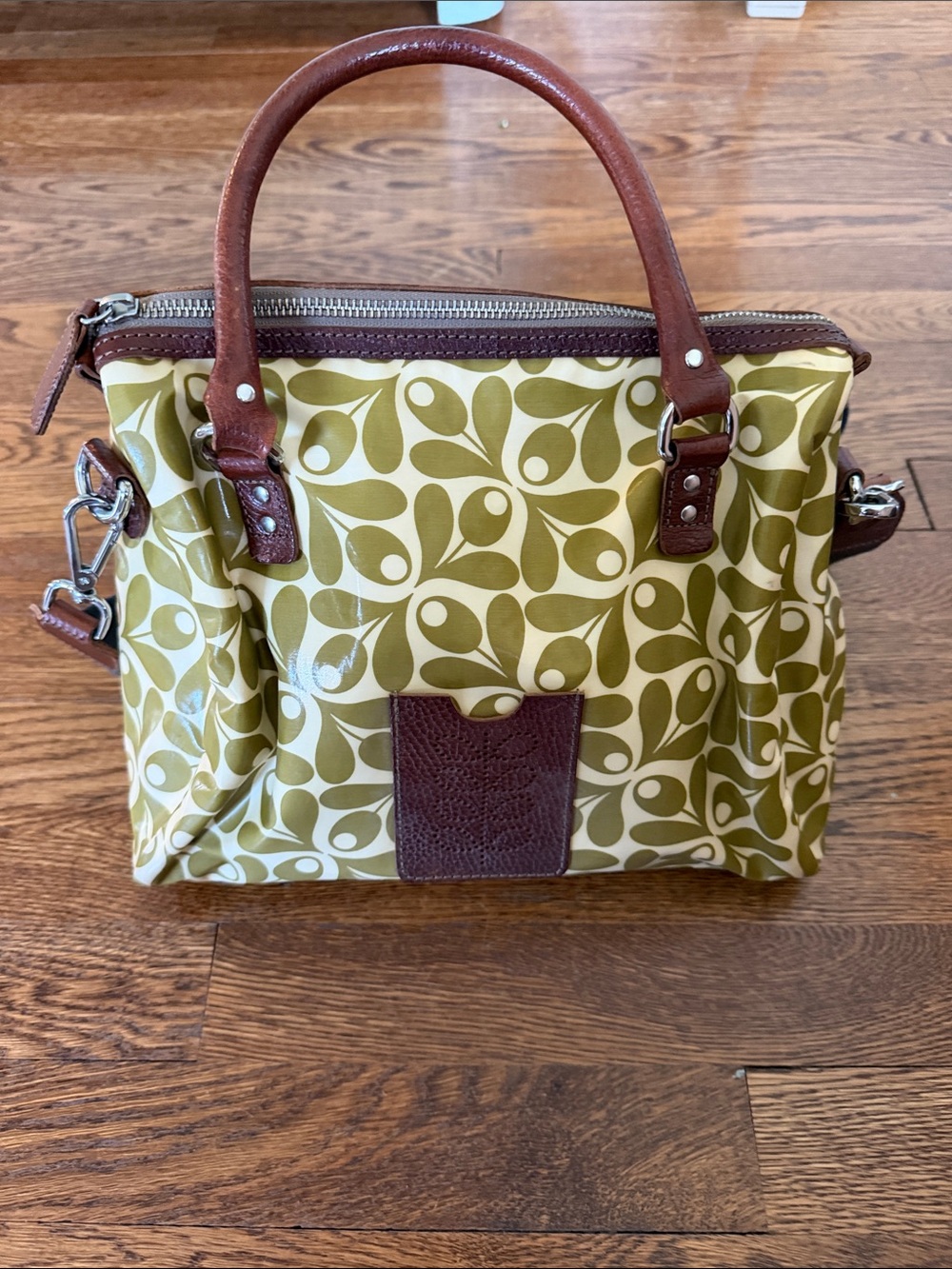 Orla Kiely Olive Patterned Tote Bag with Brown Trim